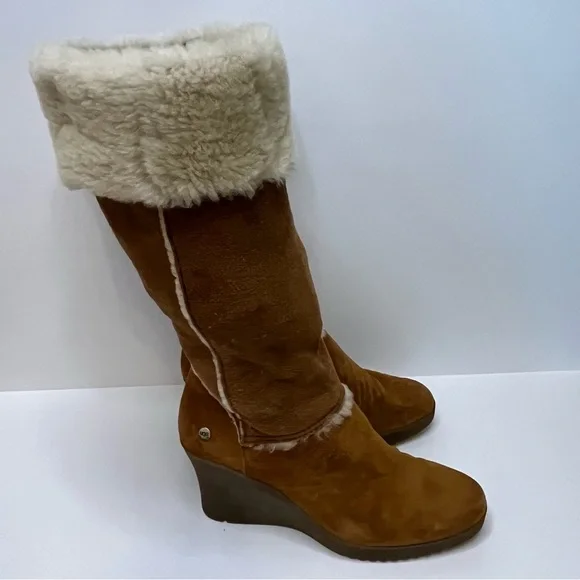 UGG Women's Sandra S/N 5449 Tan Leather Shearling Tall Wedge Boots Size 8 - Picture 4 of 16
